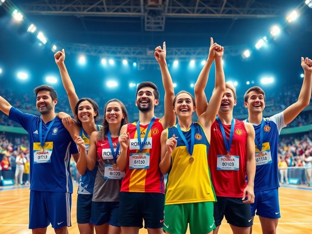 Sportivi români sărbătorind succesul lor în competiții.