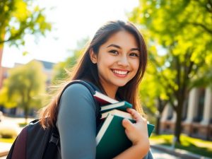Studentă zâmbitoare ținând cărți și rucsac.