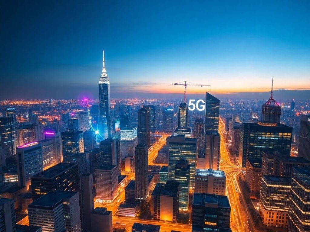 Peisaj urban modern cu tehnologie 5G activă.