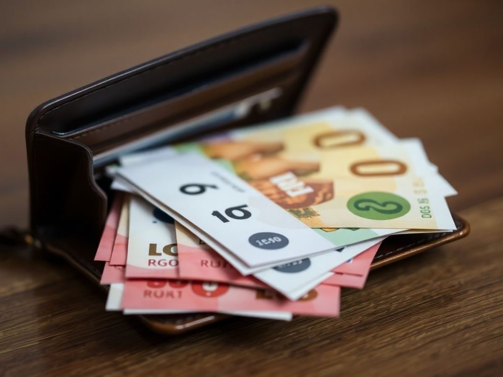 Portofel deschis cu bancnote ieșind din el.