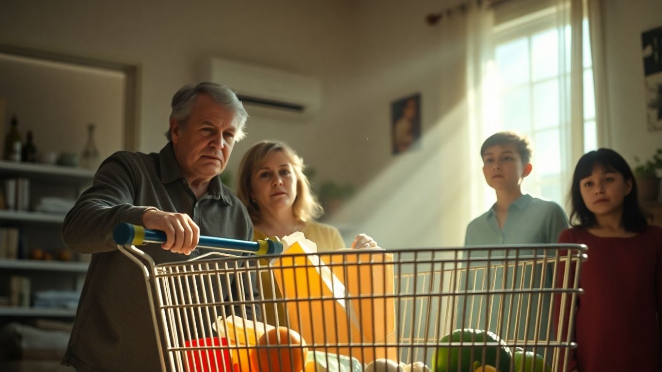 Familie îngrijorată în fața coșului gol