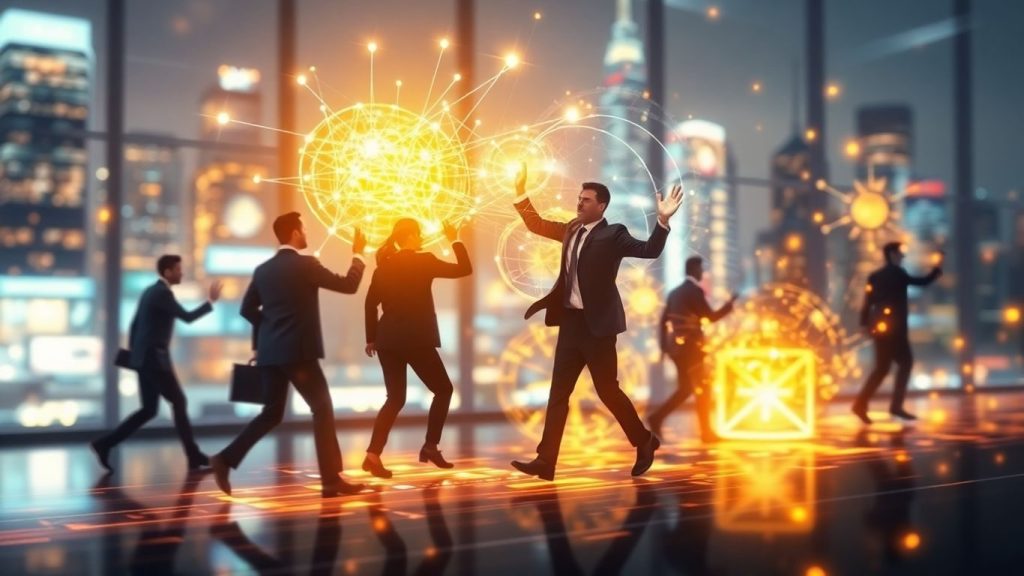 Figuri umane interacționând cu constructe digitale luminoase.