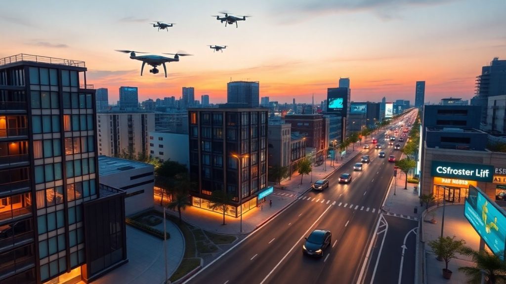 Oraș inteligent modern cu drone și vehicule electrice.