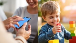 Părinți și copii echilibrând viața digitală și cea reală.